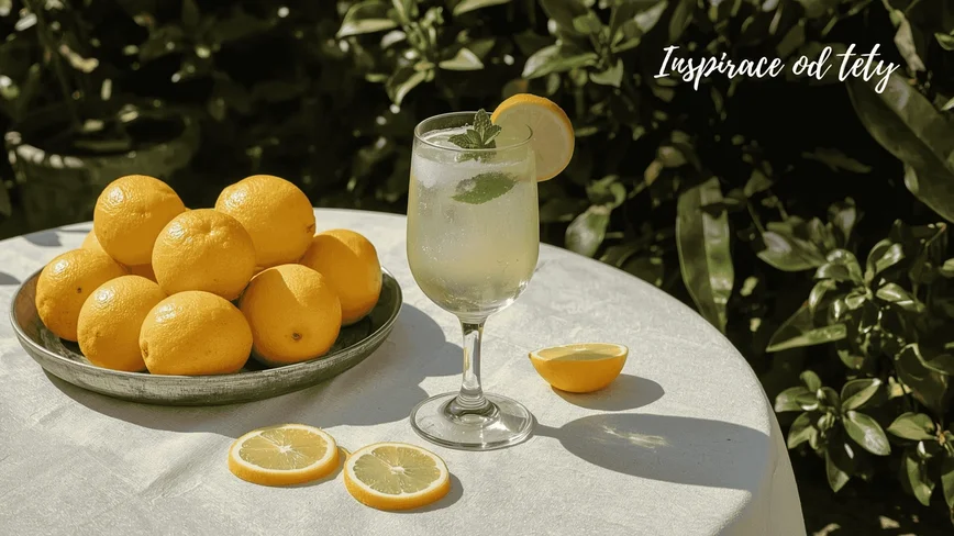 Drink limoncello spritz na stole na zahradě s citróny v míse.